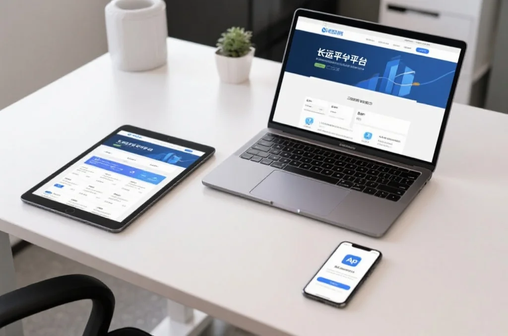 一个办公桌上同时放着笔记本电脑和平板电脑，显示长运娱乐平台的网页版界面，旁边有一部打开App的智能手机